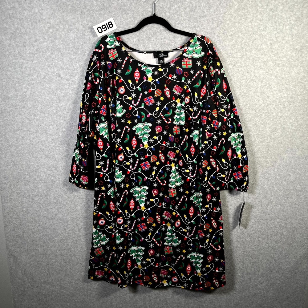 AGB Shift Dress Womens 3X‎ Black Stretch Christmas Holiday Tree Lights Ornament